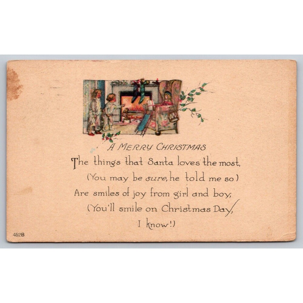 Vintage Postcard Merry Christmas Things Santa Loves Most Posted 1928 MD Stamp